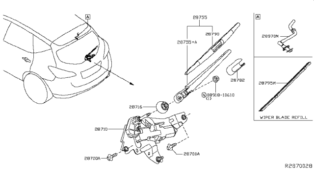 2019 Nissan Murano Rear Wiper Blade Refill Diagram for 287955AA0A