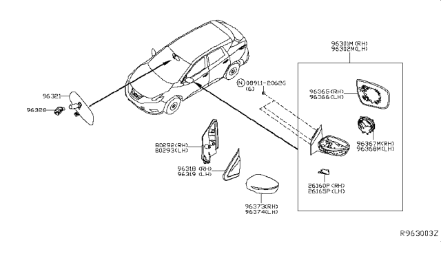 2019 Nissan Murano  Door Mirror Glass LH Diagram for 963664BA1A