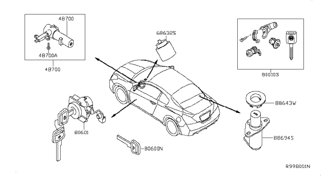 2010 Nissan Altima  Key Set-Cylinder Lock Diagram for 99810JA30A