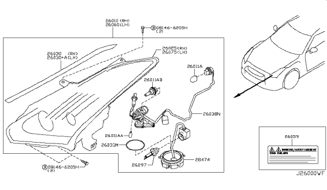 2010 Nissan GT-R Driver Side Headlight Assembly Diagram for 26060JF30A