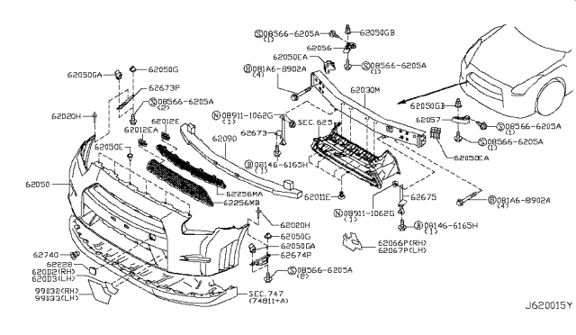 2017 Nissan GT-R  Grille-Front Bumper Diagram for 622566AV0B