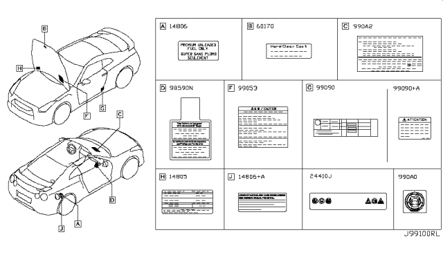 2011 Nissan GT-R  Label-Parts Content Diagram for 990A2CD00A