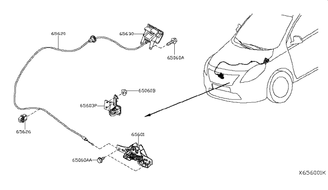 2019 Nissan Versa Handle Assy-Hood Lock Control Diagram for 656229HT0A