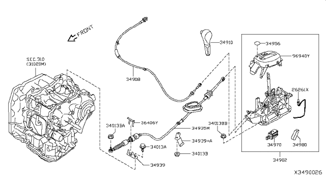2016 Nissan Versa  Control Cable Assembly Diagram for 349351HK1A