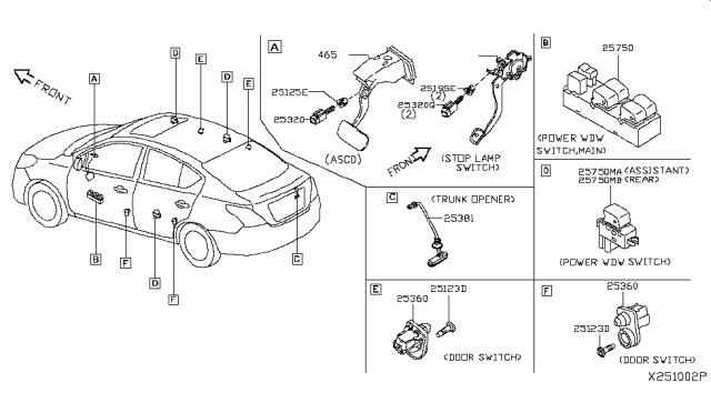 2013 Nissan Versa  Switch Assy-Door Diagram for 253601HA1B