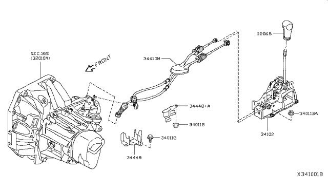 2019 Nissan Versa  Manual Transmission Control Cable Assembly Diagram for 344133AM0A