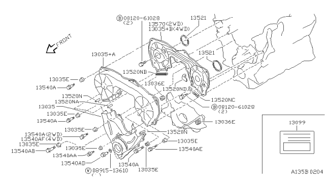 1996 Nissan Hardbody Pickup (D21U) B0LT Front Cover Diagram for 1350512G01