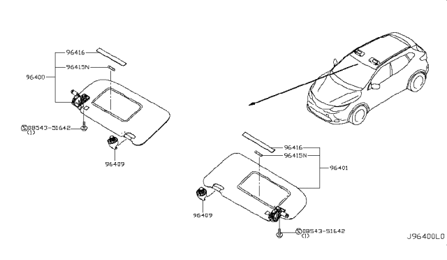 2017 Nissan Rogue Sport Left Sun Visor Assembly Diagram for 964016MA0A