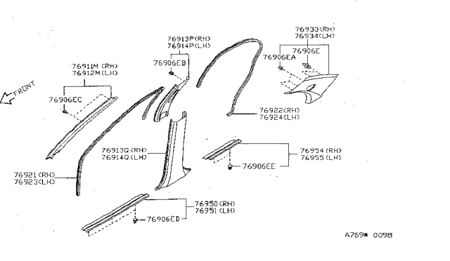 1995 Nissan Sentra  GARNISH Assembly-Front Pillar, LH Diagram for 76912F4300