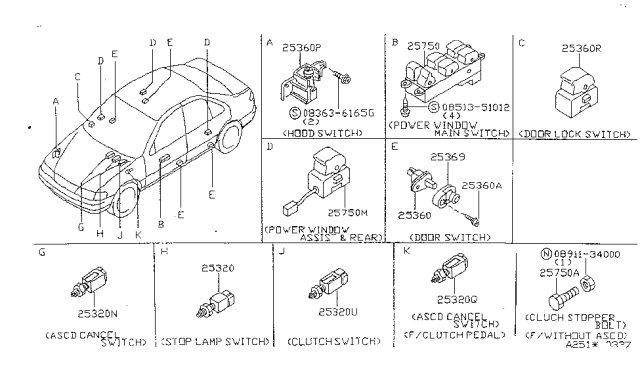 1999 Nissan Sentra Switch Assy-Door Diagram for 25360F4300