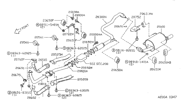 1996 Nissan Sentra  Exhaust Muffler Assembly Diagram for 20300F4302