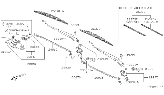 1989 Nissan Maxima  Windshield Wiper Arm Assembly Diagram for 2888185E10