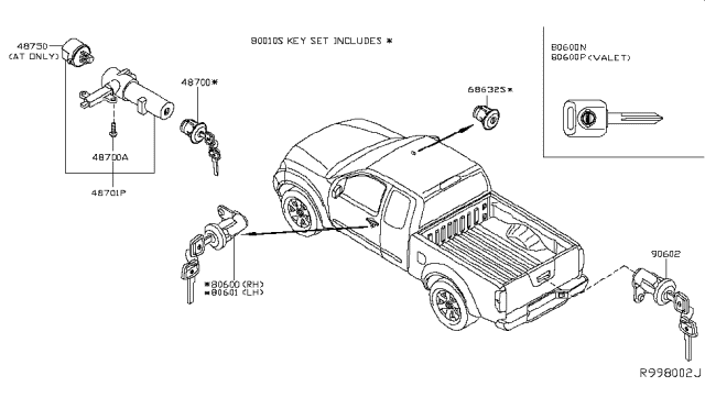 2009 Nissan Frontier  Key Set Cylinder Lock Diagram for 99810ZP04A