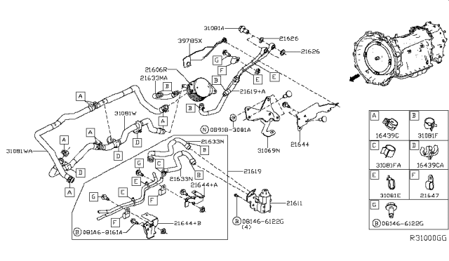 2016 Nissan Titan  Bracket-Tube Clamp Diagram for 21644EZ31A