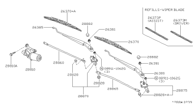 2000 Nissan Altima Window Wiper Blade Assembly Diagram for 288909E001