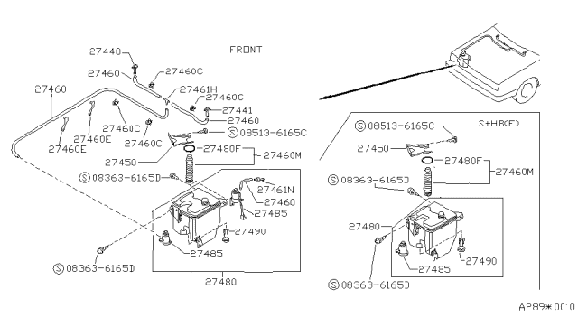 1988 Nissan Sentra  Washer Nozzle Assembly, Passenger Side Diagram for 2893060A00