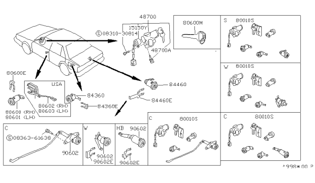 1990 Nissan Sentra  Cylinder Back Door Lock Diagram for 9060015F00