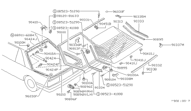 1989 Nissan Sentra  Stay Set-Back Door R Diagram for 9045057A00