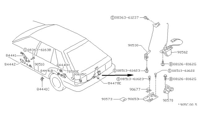 1987 Nissan Sentra  Cable Trunk Lid Opener Diagram for 9051069A00
