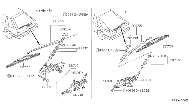 1990 Nissan Sentra  Motor Assy-Rear Window Wiper Diagram for 2871057A10