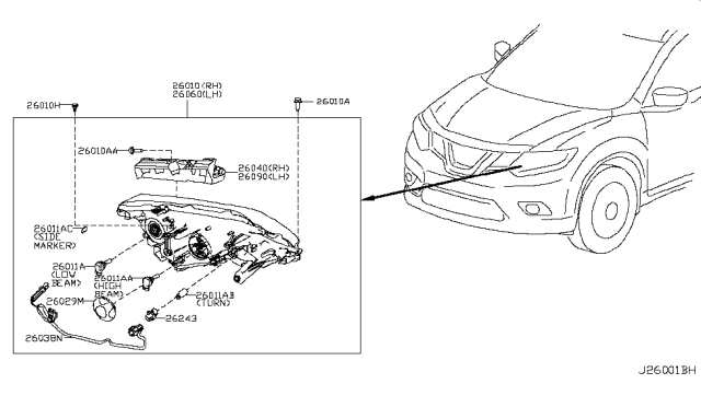 2017 Nissan Rogue  Driver Side Headlight Assembly Diagram for 260606FL1A