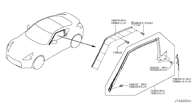 2016 Nissan 370Z  Weatherstrip-Body Side, RH Diagram for 768601EA0A