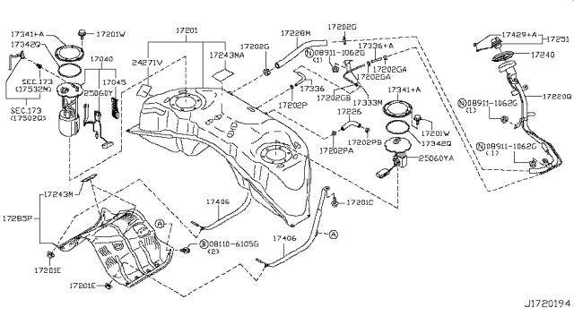 2011 Nissan 370Z Pin-Fuel Cap Mounting Diagram for 174291BB0A