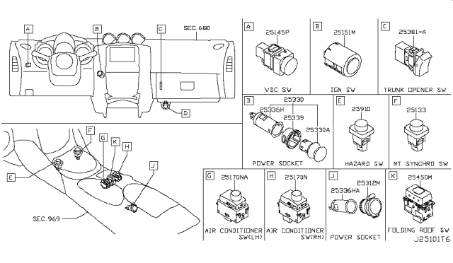 2010 Nissan 370Z  Switch Assy-Hazard Diagram for 252901EA0B