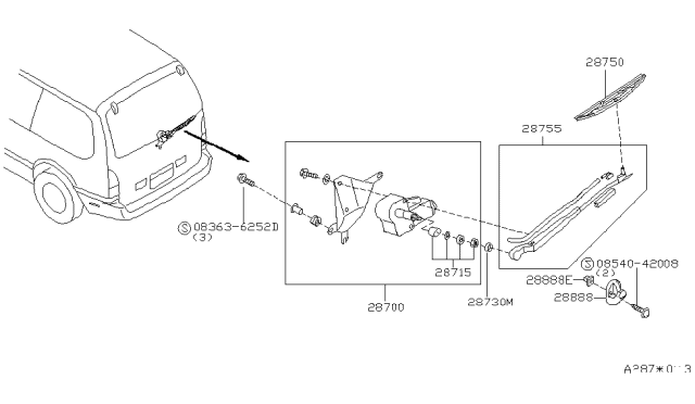 1993 Nissan Quest  Rear Window Wiper Arm Assembly Diagram for 287800B000