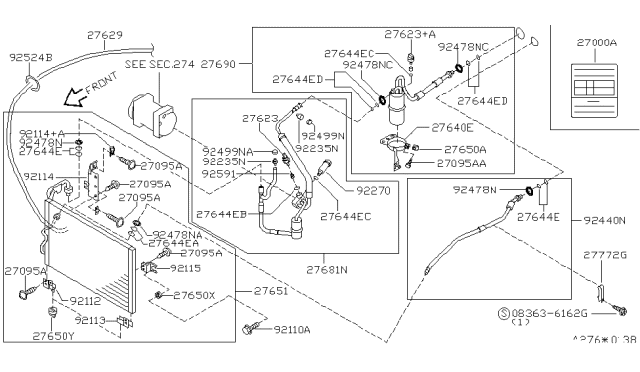 1994 Nissan Quest Hose Assembly CONDENSOR To EVAPORATE Diagram for 924400B700