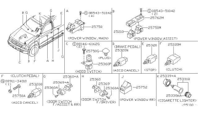 2002 Nissan Xterra  Switch Assy-Door Diagram for 253609B900