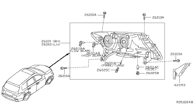 2013 Nissan Pathfinder  Passenger Side Headlight Assembly Diagram for 260103KA0A