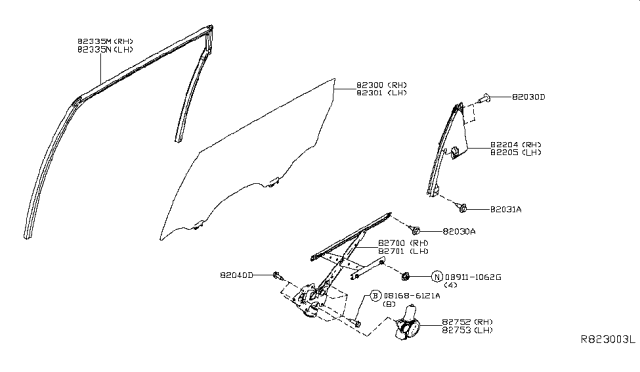 2014 Nissan Pathfinder  Glass Run Rubber-Rear Door Window, LH Diagram for 823313KA0A