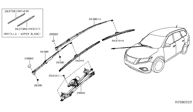2016 Nissan Pathfinder Windshield Wiper Blade Assembly Diagram for 288903JA2C
