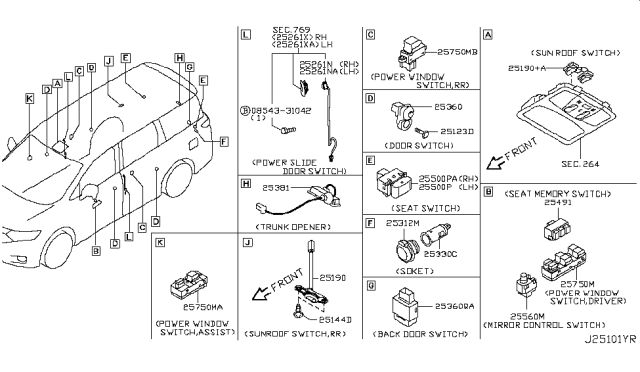 2012 Nissan Quest Switch Assy-Door Diagram for 253603UB0A