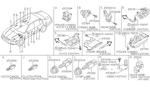 2000 Nissan Maxima Switch Assy-Door Diagram for 253604M400