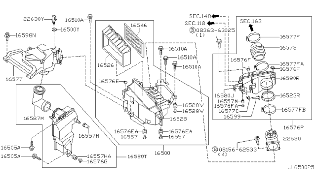 2001 Nissan Maxima  Duct Assembly - Air Diagram for 165542Y000