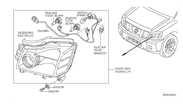 2014 Nissan Armada Passenger Side Headlight Assembly Diagram for 260109GA0B