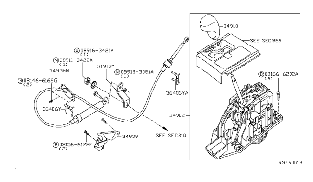 2015 Nissan Armada Knob Assembly-Control Lever Auto Diagram for 349109G00A