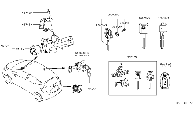 2017 Nissan Versa Note Key Set Diagram for 998103WC0A