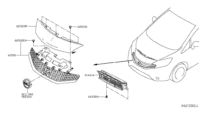 2017 Nissan Versa Note  Grille Assy-Front Diagram for 623103VY0A