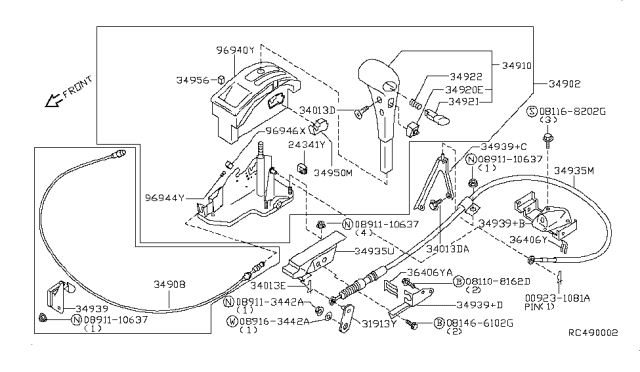 2000 Nissan Frontier  Control Cable Assembly Diagram for 349354S110