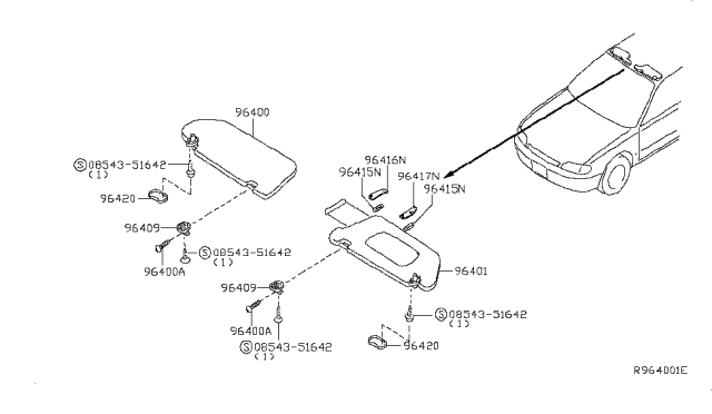 2009 Nissan Altima Driver Side Sun Visor Assembly Diagram for 96401JA00A