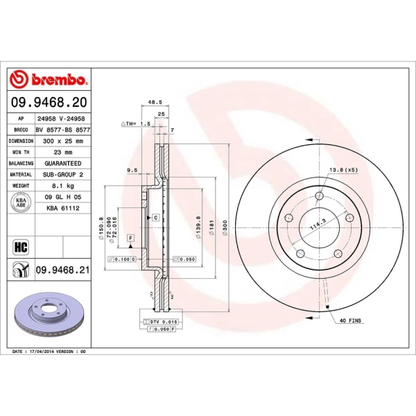 brembo UV Coated Series Vented Front Brake Rotor 09.9468.21