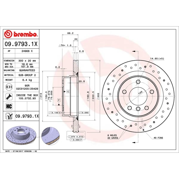 brembo Premium Xtra Cross Drilled UV Coated 1-Piece Rear Brake Rotors 09.9793.1X