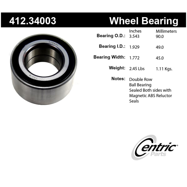 Centric Premium™ Front Driver Side Double Row Wheel Bearing 412.34003