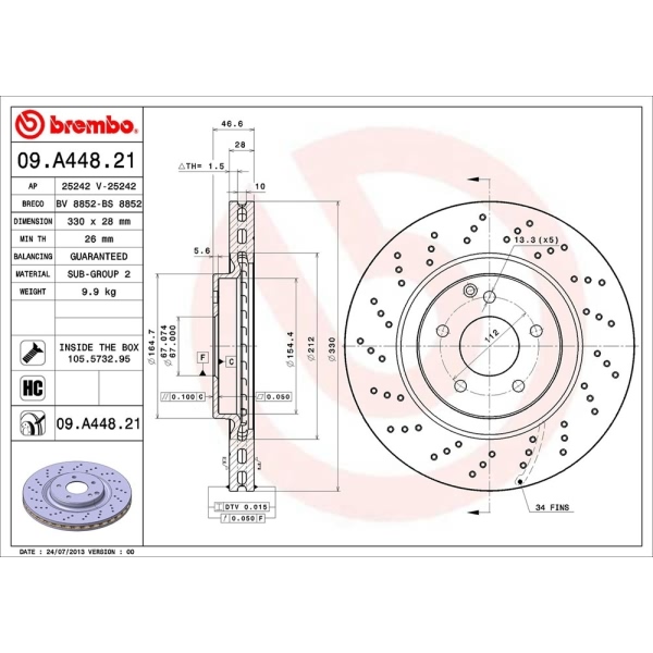 brembo UV Coated Series Drilled Vented Front Brake Rotor 09.A448.21