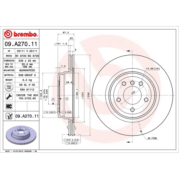 brembo UV Coated Series Vented Rear Brake Rotor 09.A270.11