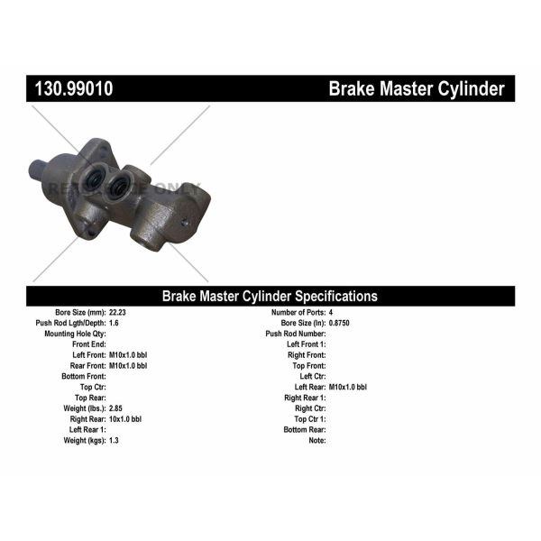 Centric Premium Brake Master Cylinder 130.99010