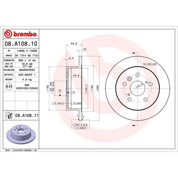 brembo UV Coated Series Rear Brake Rotor 08.A108.11